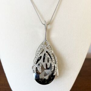 Black Crystal & Rhinestone Waterdrop Pendant Sweater Chain Long Necklace 30”